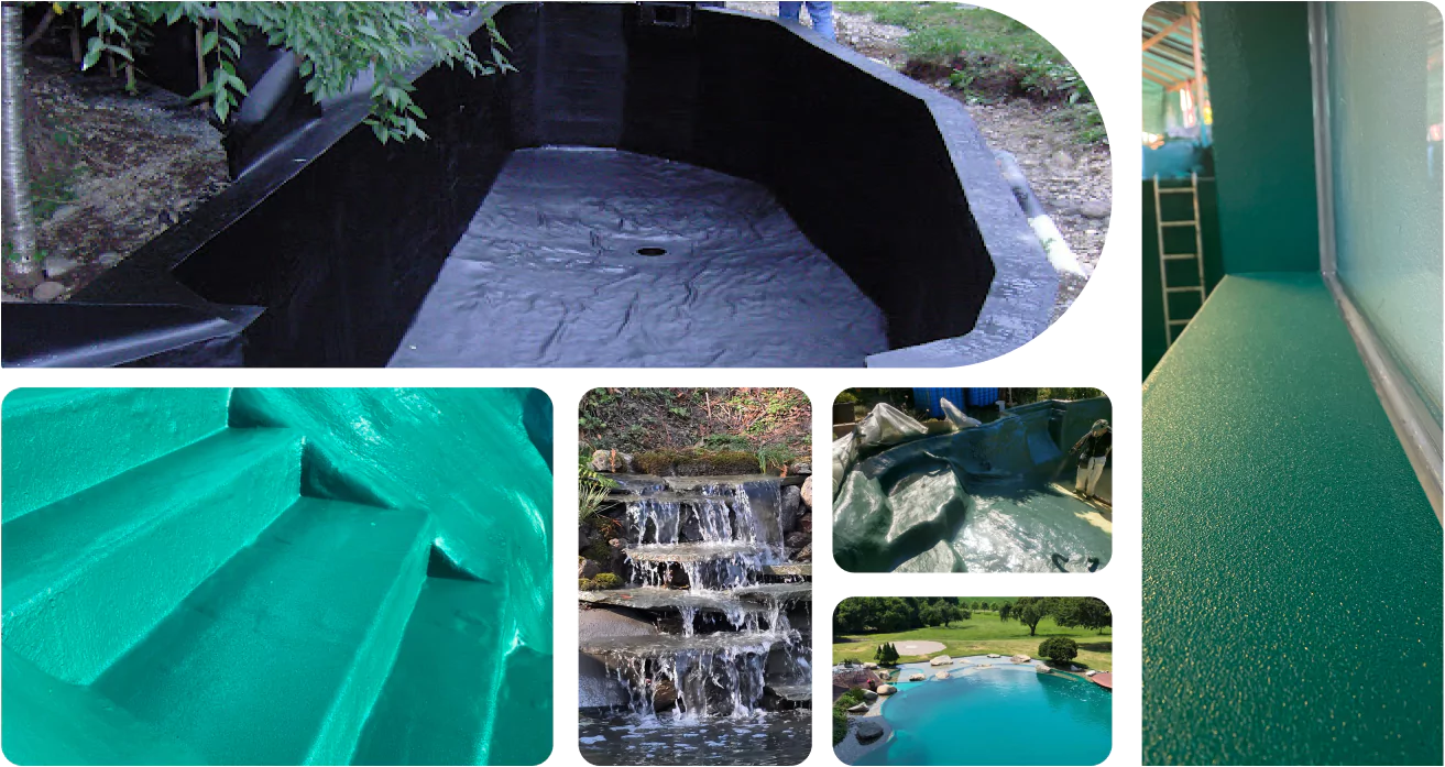 Waterproof coatings for pools, ponds, and waterfalls