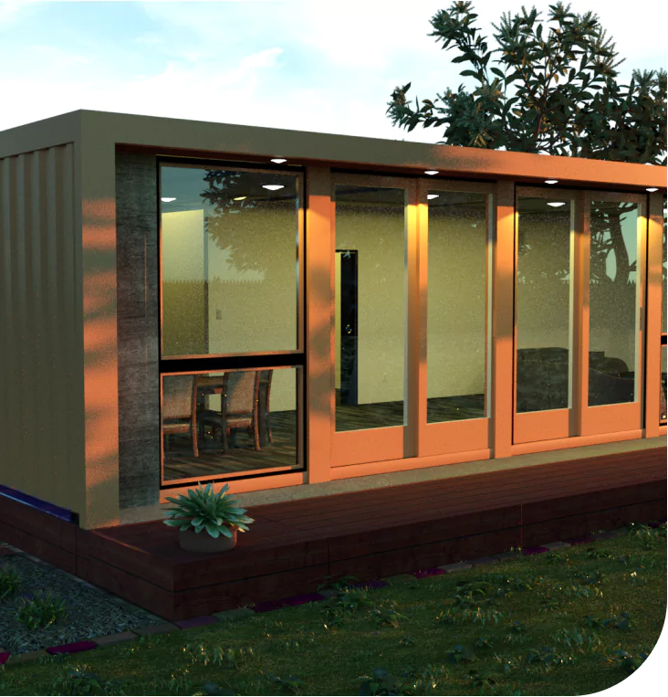 Container home with large glass windows