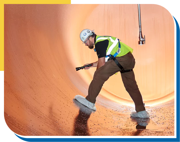 Pipe Inspection by Safety-Clad Worker