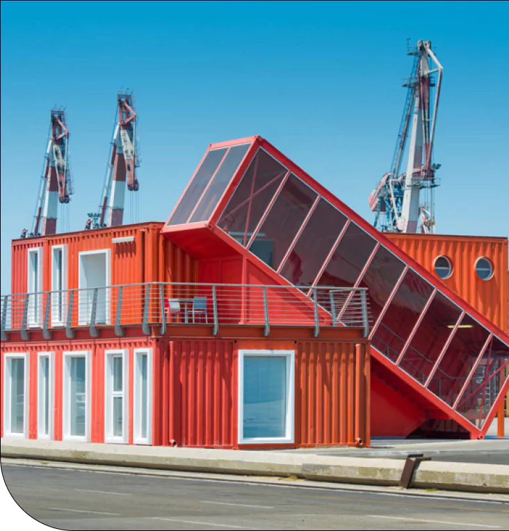 Bright red shipping container building