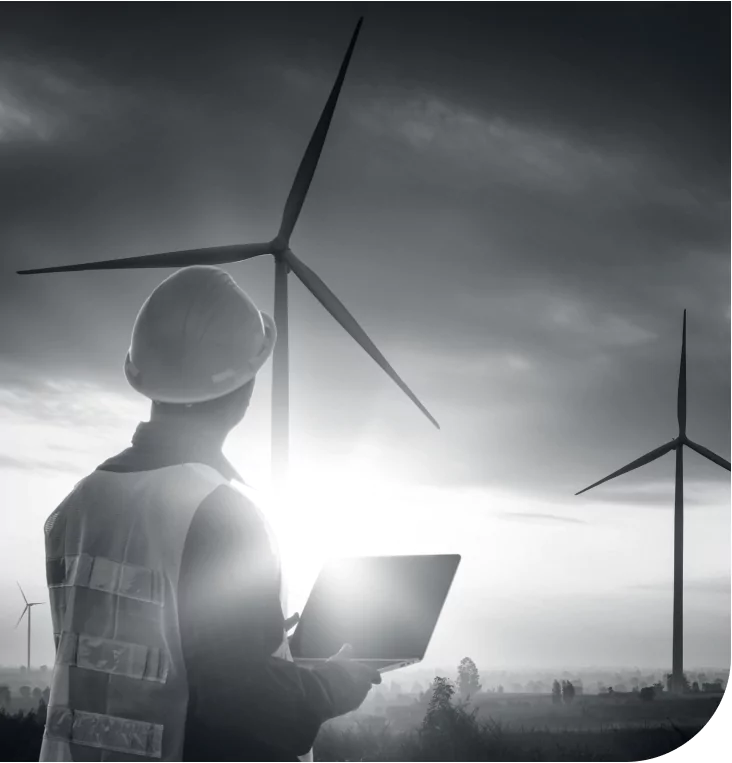 Engineer observing wind turbines