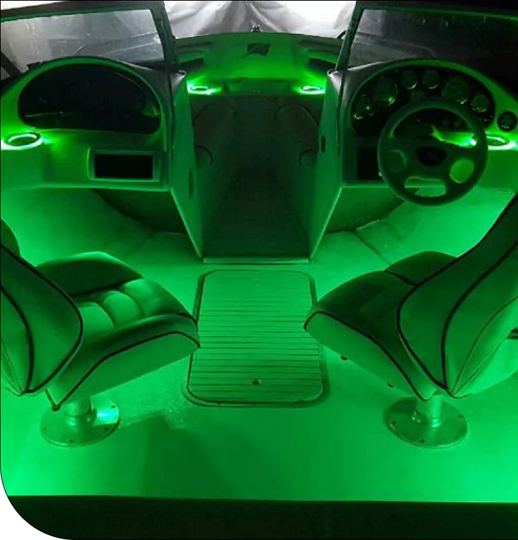 Illuminated Boat Cockpit with Green LED Lighting