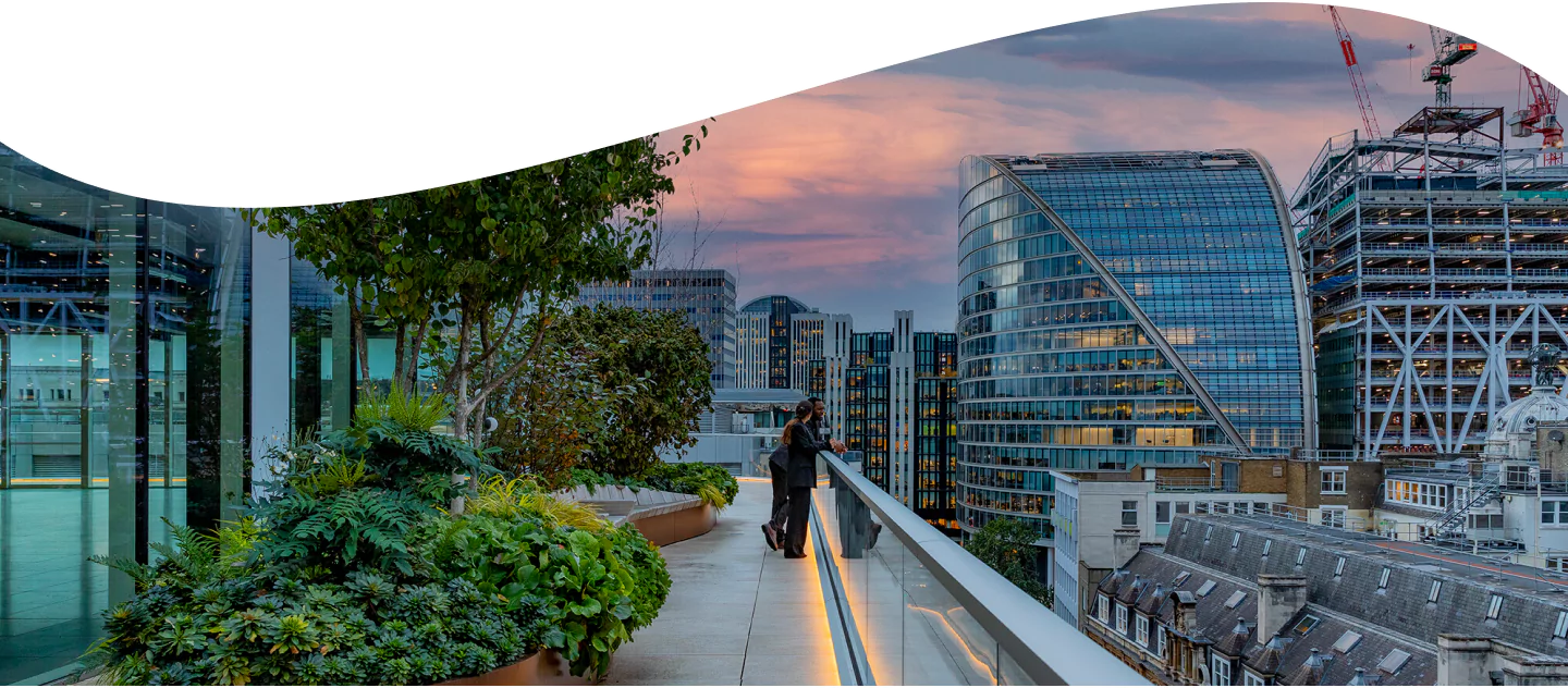 Elegant rooftop garden with urban skyline